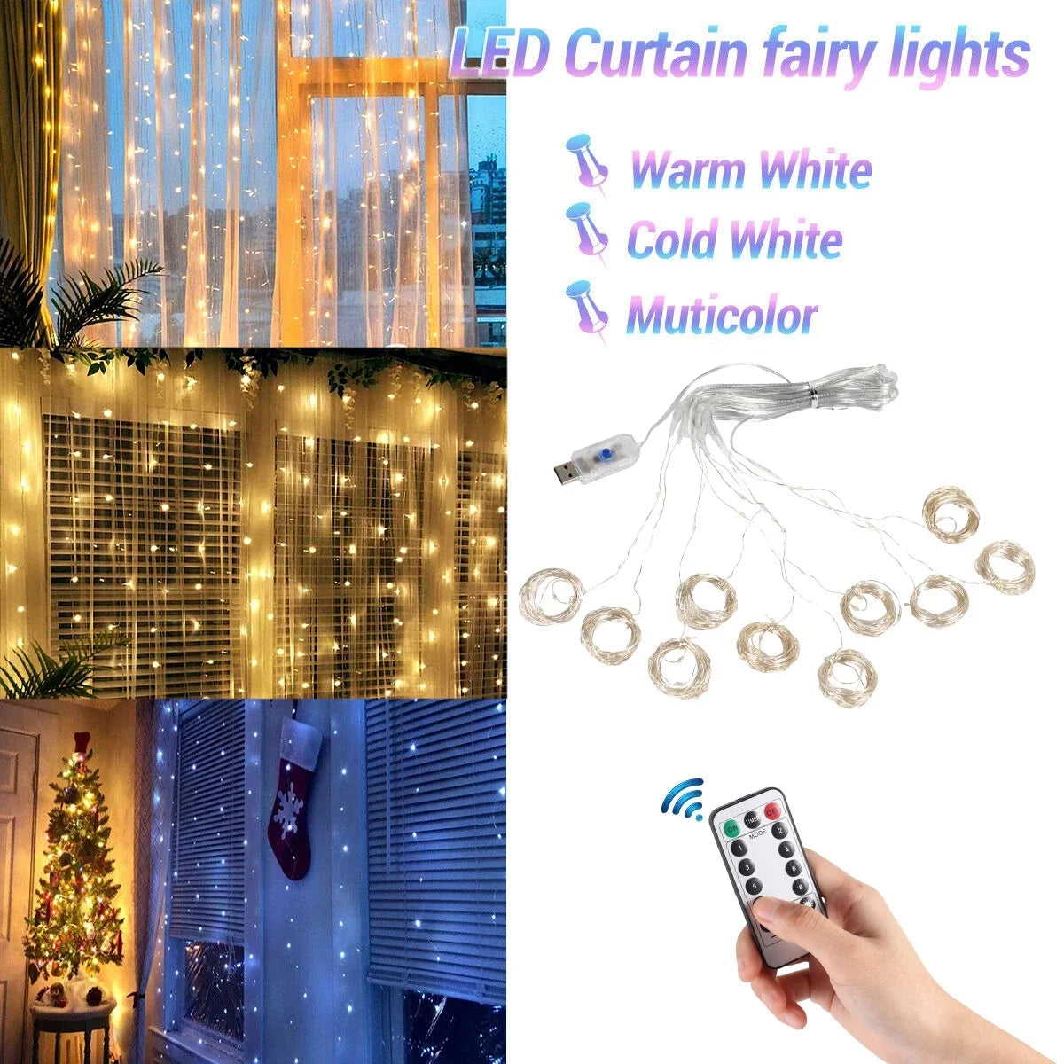 Christmas Curtain Fairy Lights – 8-Mode LED Garland for Home Décor, Parties & Holiday Celebrations
