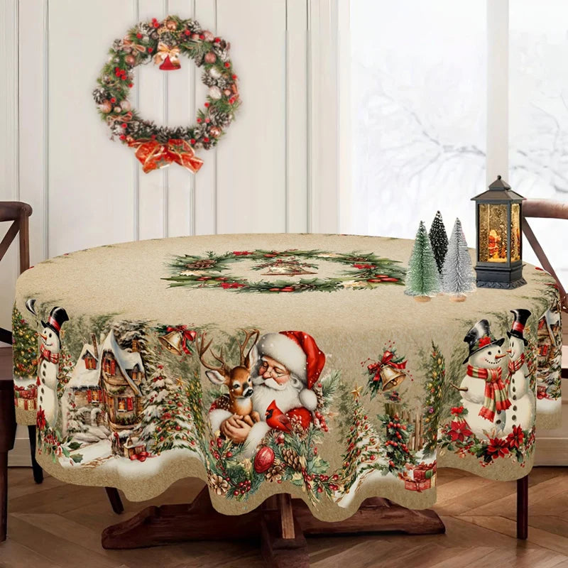Vintage Christmas Tablecloth – Santa & Snowman Design Table Cover for Holiday Dinners, Home Décor & Festive Parties