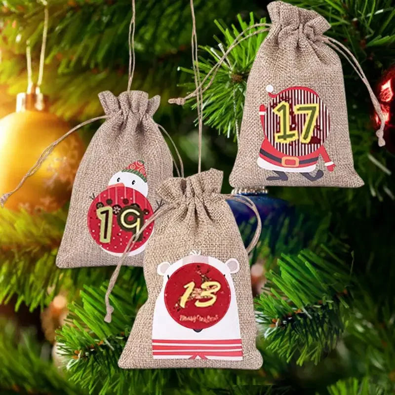 24Pcs Christmas Advent Calendar Gift Bags – DIY Countdown Set with Number Stickers, Clips & Rope | Reusable Plaid Fabric Holiday Decoration