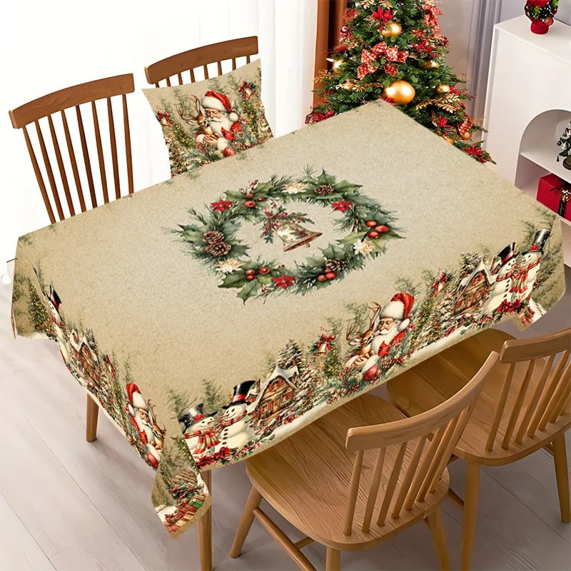 Vintage Christmas Tablecloth – Santa & Snowman Design Table Cover for Holiday Dinners, Home Décor & Festive Parties