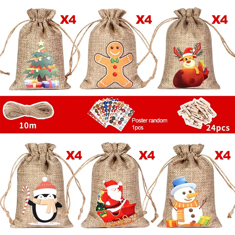 24Pcs Christmas Advent Calendar Gift Bags – DIY Countdown Set with Number Stickers, Clips & Rope | Reusable Plaid Fabric Holiday Decoration
