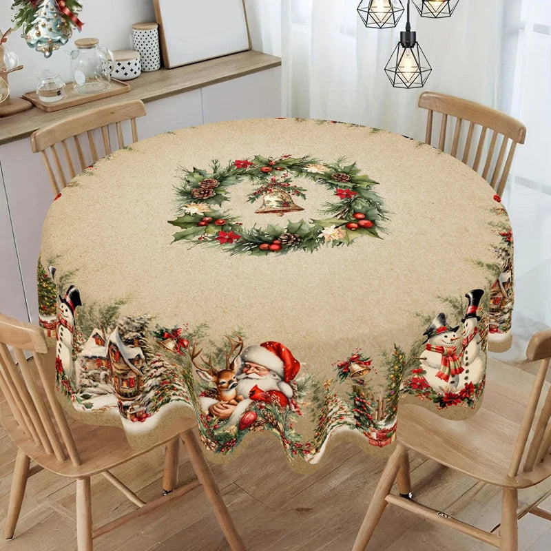 Vintage Christmas Tablecloth – Santa & Snowman Design Table Cover for Holiday Dinners, Home Décor & Festive Parties