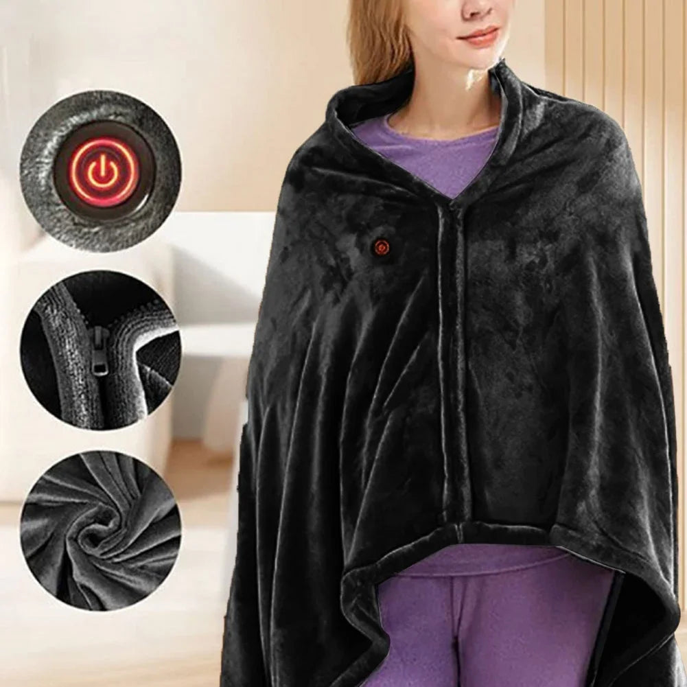 USB Heated Shawl – 3-Level Electric Heating Blanket & Wearable Poncho Throw for Home, Office, Camping & Travel