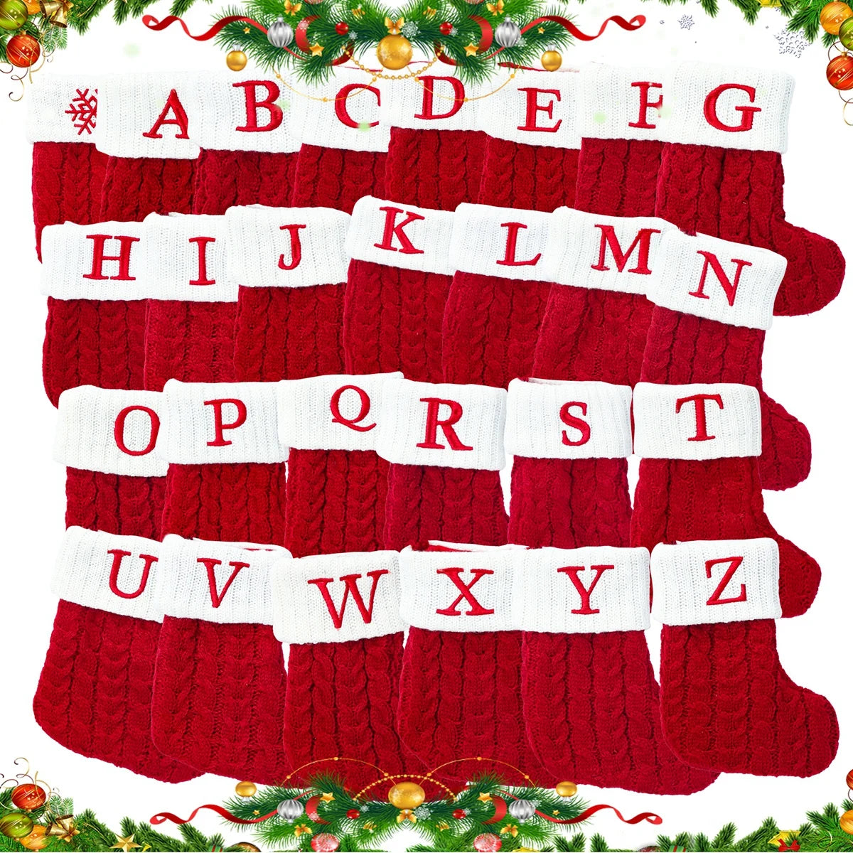 Knitted Christmas Stockings – Snowflake & Alphabet Letter Design | Holiday Socks for Tree, Fireplace & Home Décoration 2025–2026
