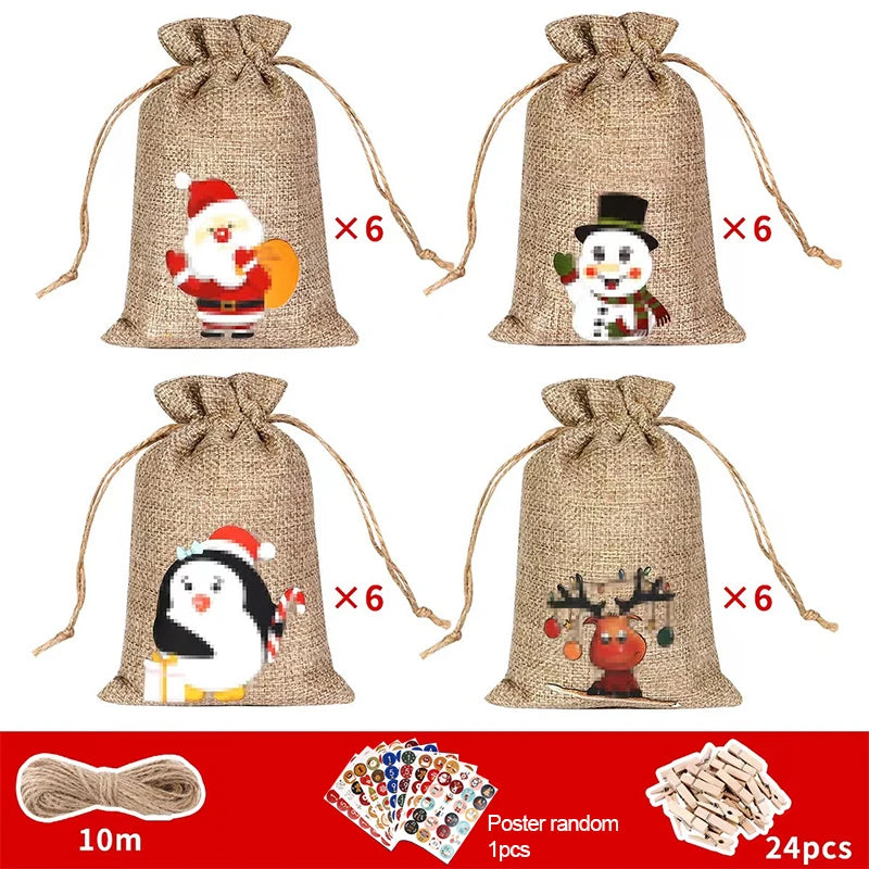 24Pcs Christmas Advent Calendar Gift Bags – DIY Countdown Set with Number Stickers, Clips & Rope | Reusable Plaid Fabric Holiday Decoration