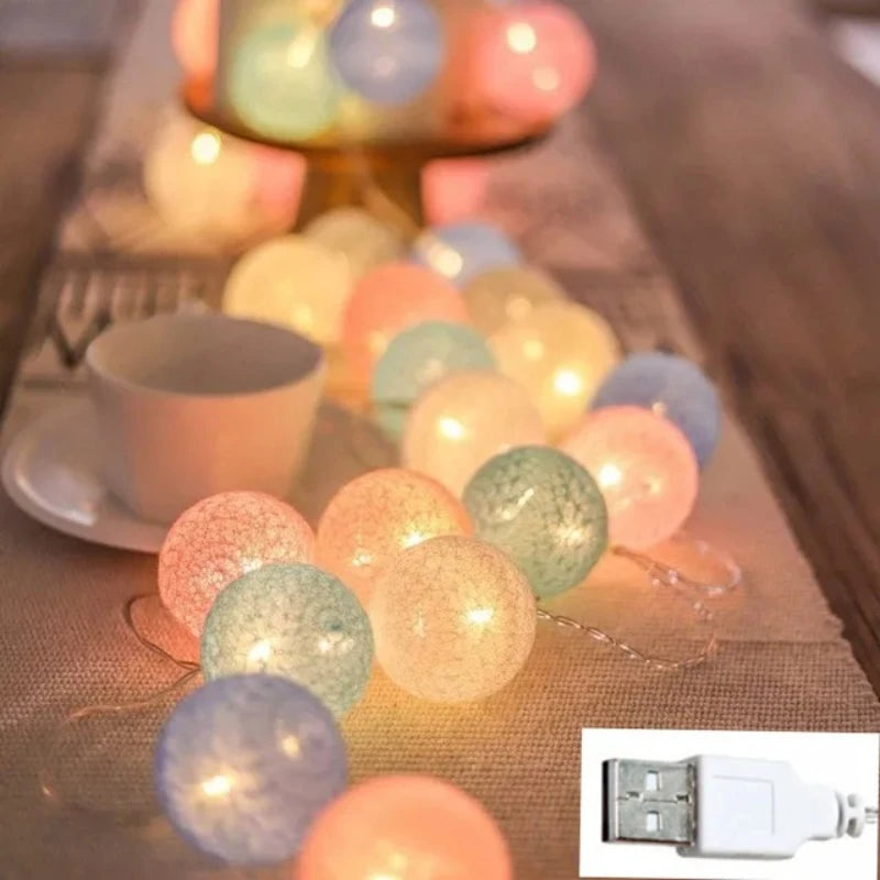 USB Cotton Ball LED Fairy Lights – 10/20/40 LED String Garland for Christmas, Wedding & Home Decoration