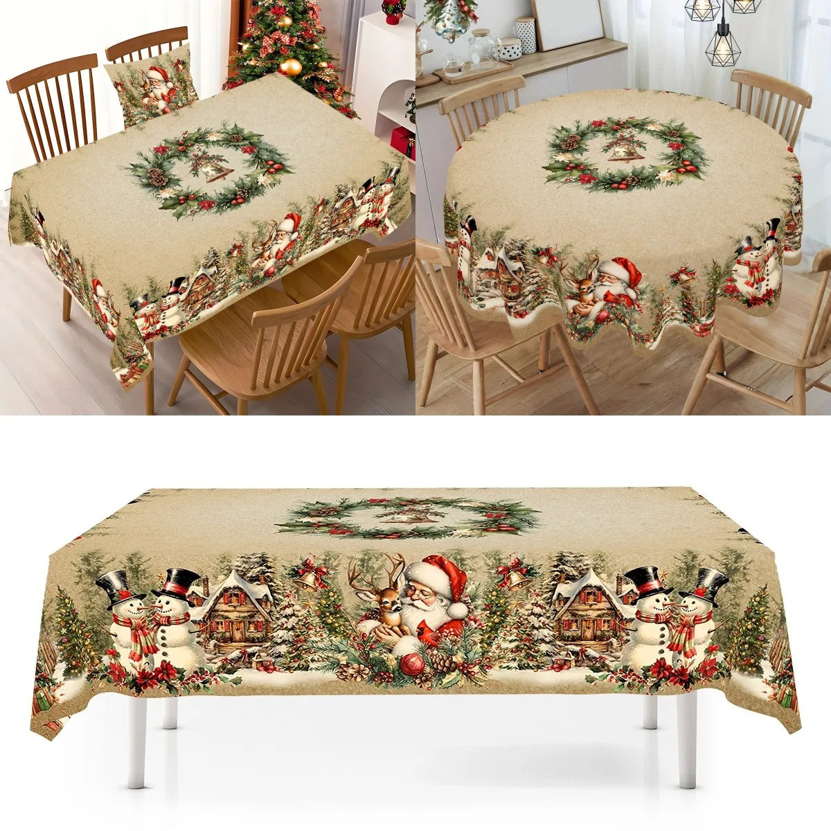Vintage Christmas Tablecloth – Santa & Snowman Design Table Cover for Holiday Dinners, Home Décor & Festive Parties