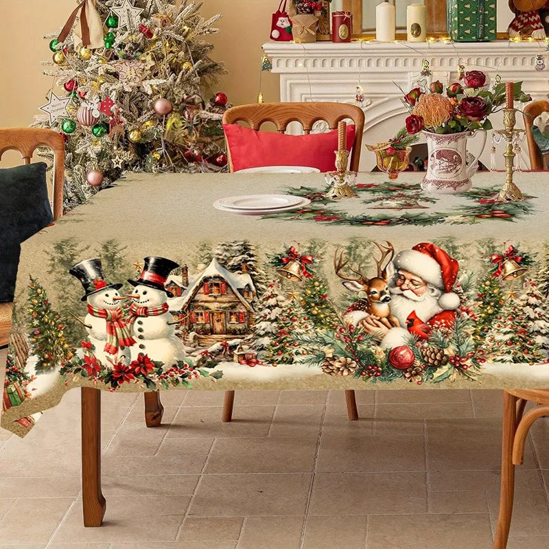 Vintage Christmas Tablecloth – Santa & Snowman Design Table Cover for Holiday Dinners, Home Décor & Festive Parties