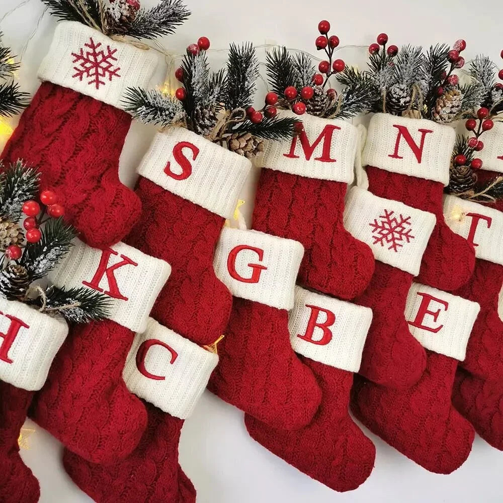 Knitted Christmas Stockings – Snowflake & Alphabet Letter Design | Holiday Socks for Tree, Fireplace & Home Décoration 2025–2026