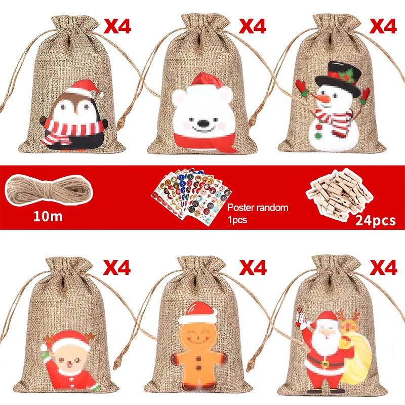 24Pcs Christmas Advent Calendar Gift Bags – DIY Countdown Set with Number Stickers, Clips & Rope | Reusable Plaid Fabric Holiday Decoration