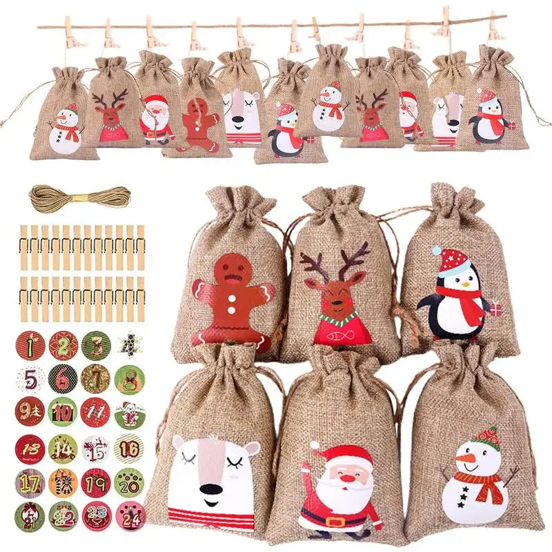 24Pcs Christmas Advent Calendar Gift Bags – DIY Countdown Set with Number Stickers, Clips & Rope | Reusable Plaid Fabric Holiday Decoration