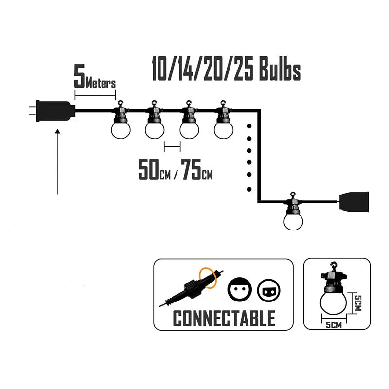 G50 Waterproof Outdoor String Lights – 10/20/25 LED Bulb Garland for Camping, Garden, Wedding & Christmas Decoration (Connectable 23M)