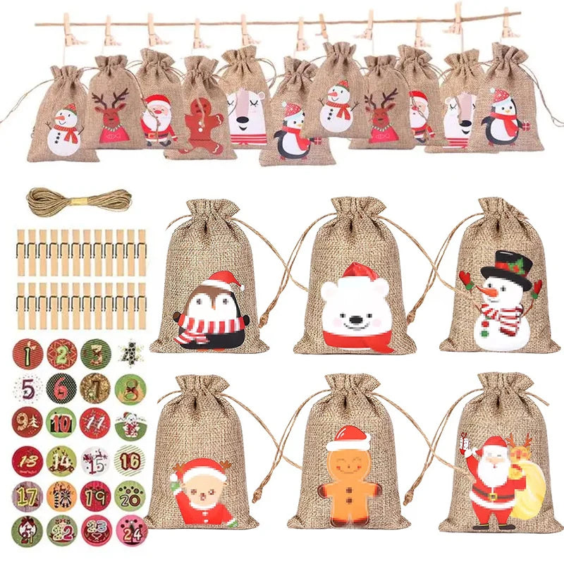 24Pcs Christmas Advent Calendar Gift Bags – DIY Countdown Set with Number Stickers, Clips & Rope | Reusable Plaid Fabric Holiday Decoration