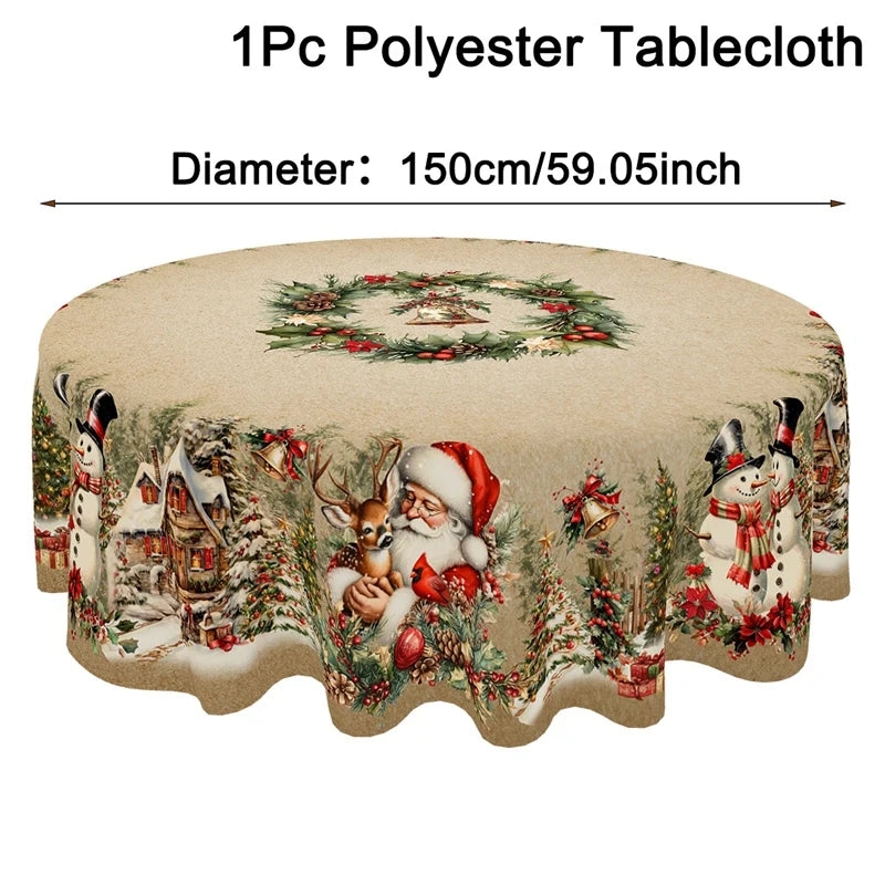 Vintage Christmas Tablecloth – Santa & Snowman Design Table Cover for Holiday Dinners, Home Décor & Festive Parties