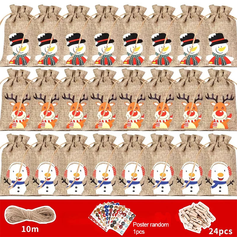 24Pcs Christmas Advent Calendar Gift Bags – DIY Countdown Set with Number Stickers, Clips & Rope | Reusable Plaid Fabric Holiday Decoration