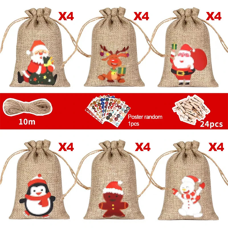 24Pcs Christmas Advent Calendar Gift Bags – DIY Countdown Set with Number Stickers, Clips & Rope | Reusable Plaid Fabric Holiday Decoration