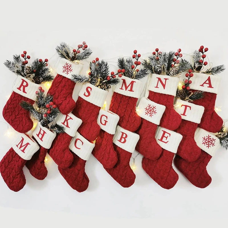 Knitted Christmas Stockings – Snowflake & Alphabet Letter Design | Holiday Socks for Tree, Fireplace & Home Décoration 2025–2026